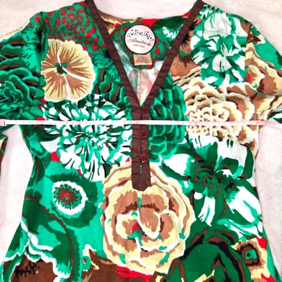 Y2K Almatrichi Madrid Floral Print Blouse Green Brown Cotton VNeck 3/4 Sleeve, S - Picture 8 of 11